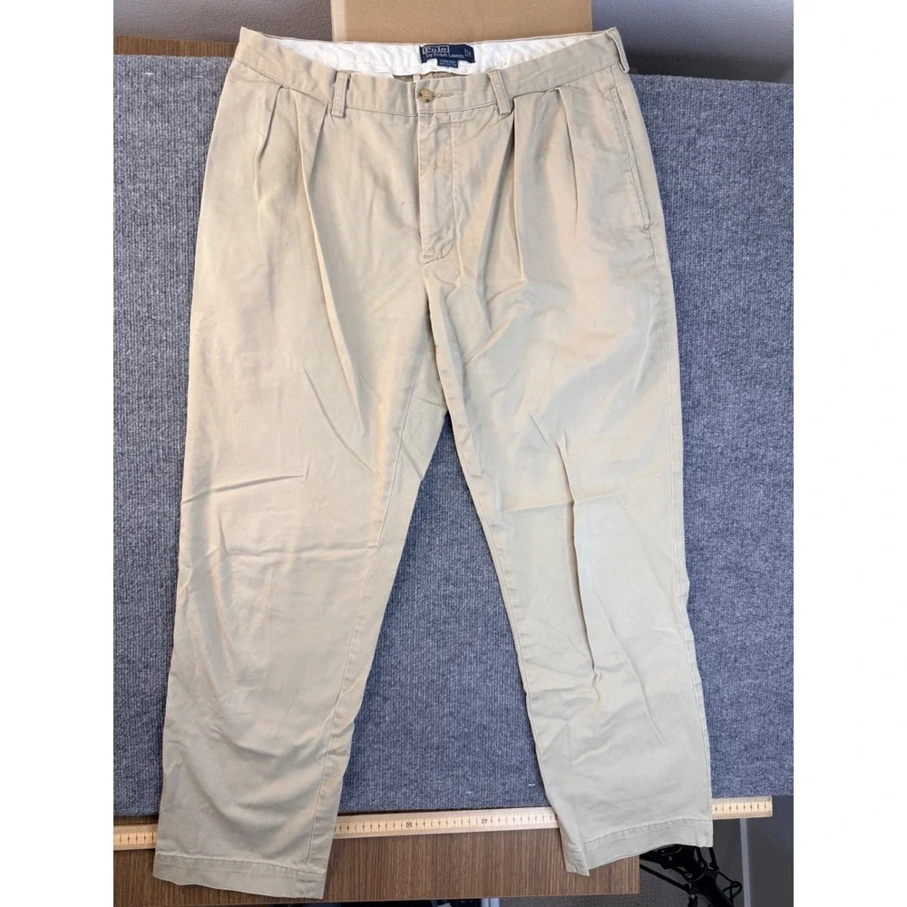 Polo Ralph Lauren Ethan Pant 35x32 Tan Khaki Cotton Pleated Chino Mens